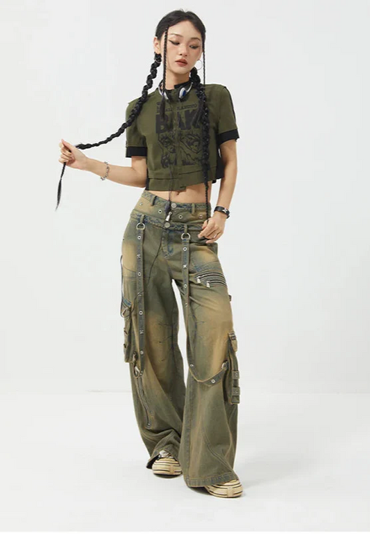 Streetwear Y2K Belted Vintage High Waist Straight Jeans - Luxuryurbanwear