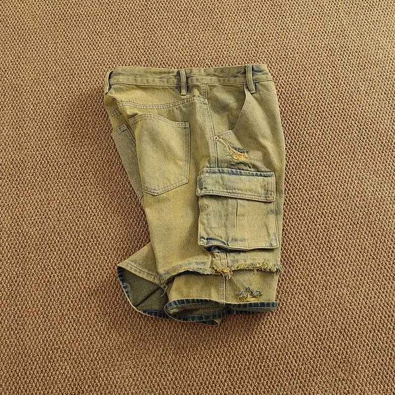 Yellow Distressed Washed Denim Cargo Short