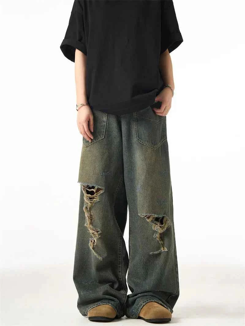 Retro American Ripped Distressed Wide Jeans