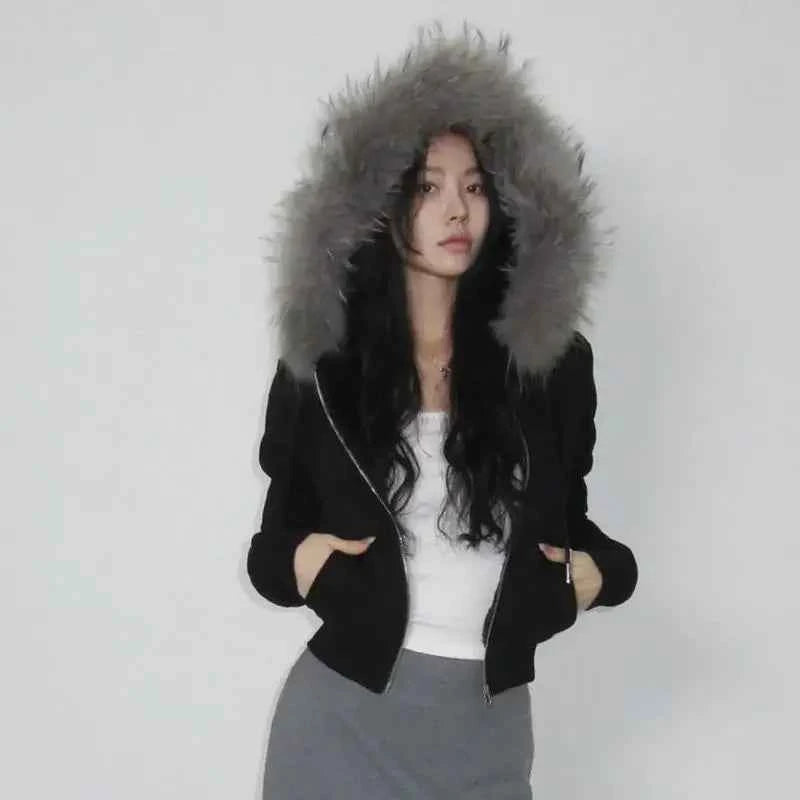 Cozy Patchwork Furry Zipper Hooded Sweatshirt