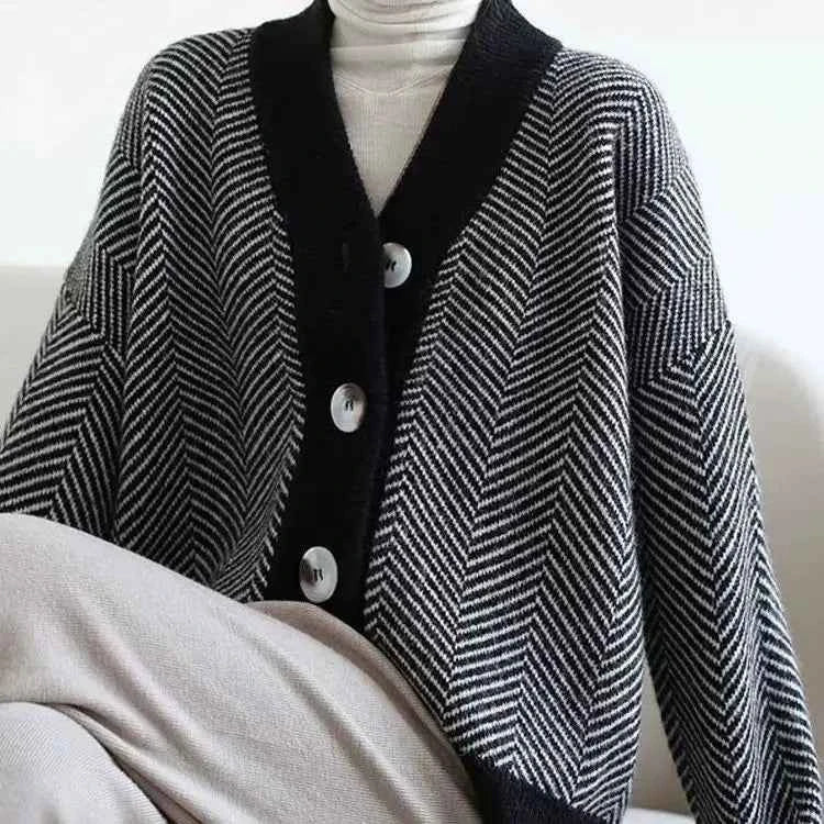 Striped V-Neck Long-Sleeve Thick Cardigan