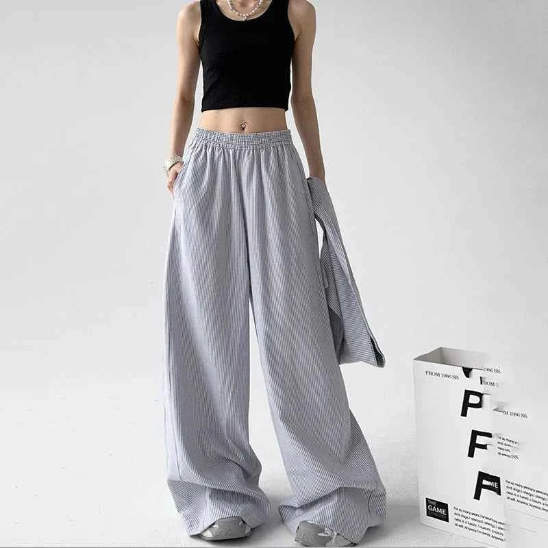 Women Vintage Korean Striped Lace-Up Pants