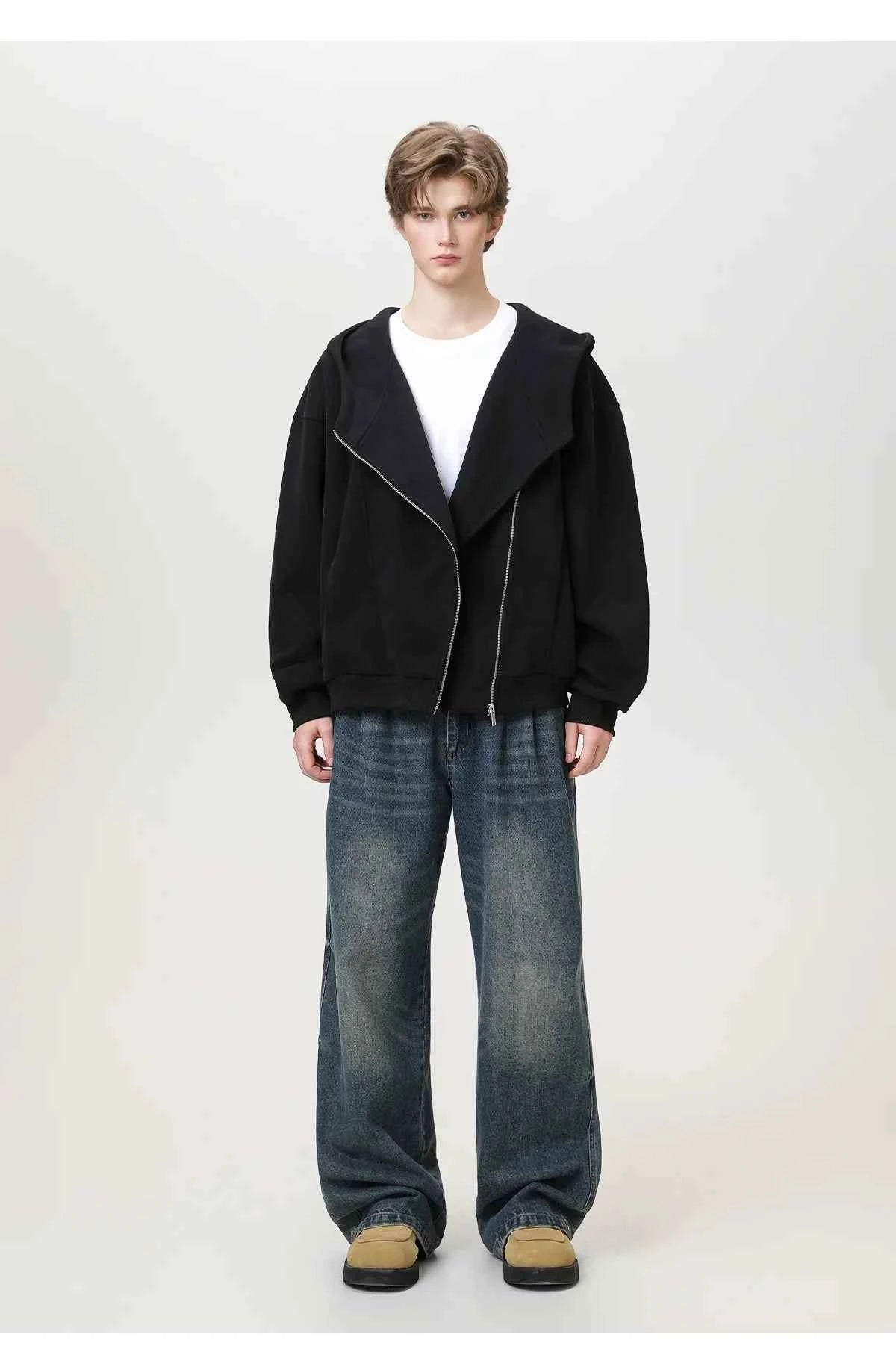 Textured Slant Zipper Hooded Sweatshirt