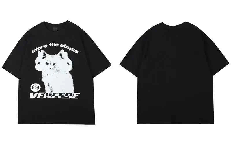 Punk Gothic Cat Print Loose Short Sleeve T-Shirt