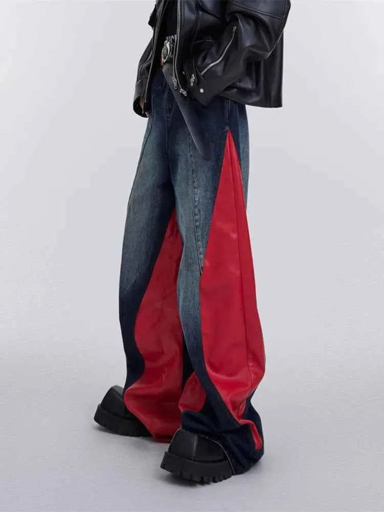 Streetwear Red Patchwork Baggy Wide Leg Jeans