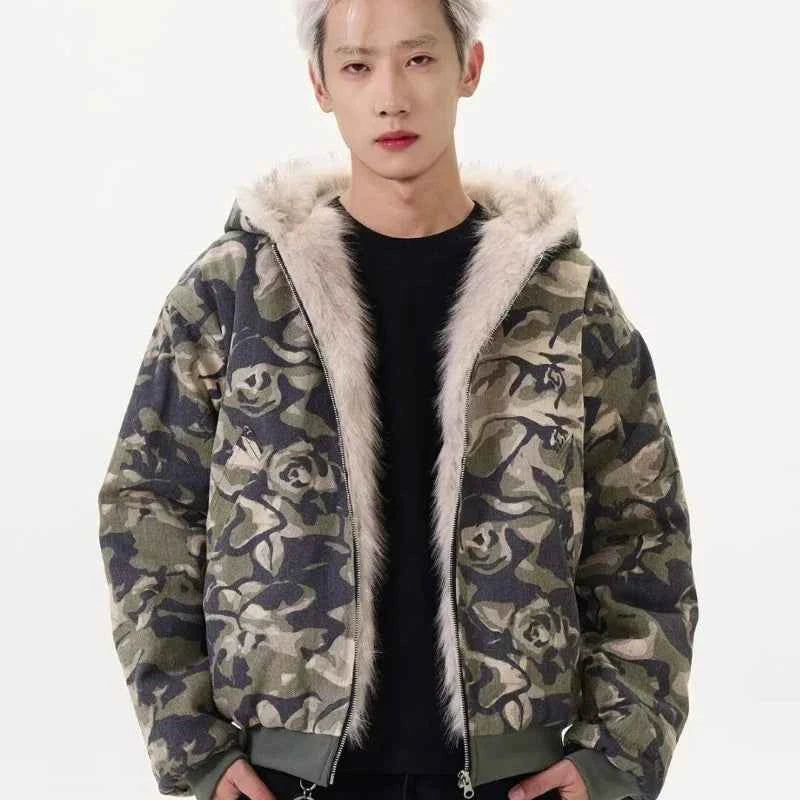Warm Camouflage Faux Fur Hooded Parka Jacket