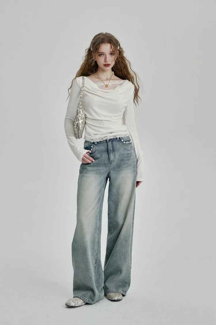 White Lace Pleated Round Neck T-Shirt