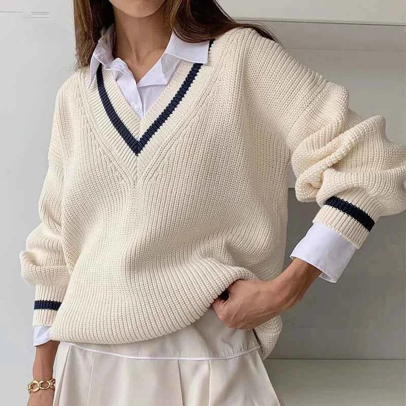 Women Casual Contrasting V Neck Patchwork Sweater