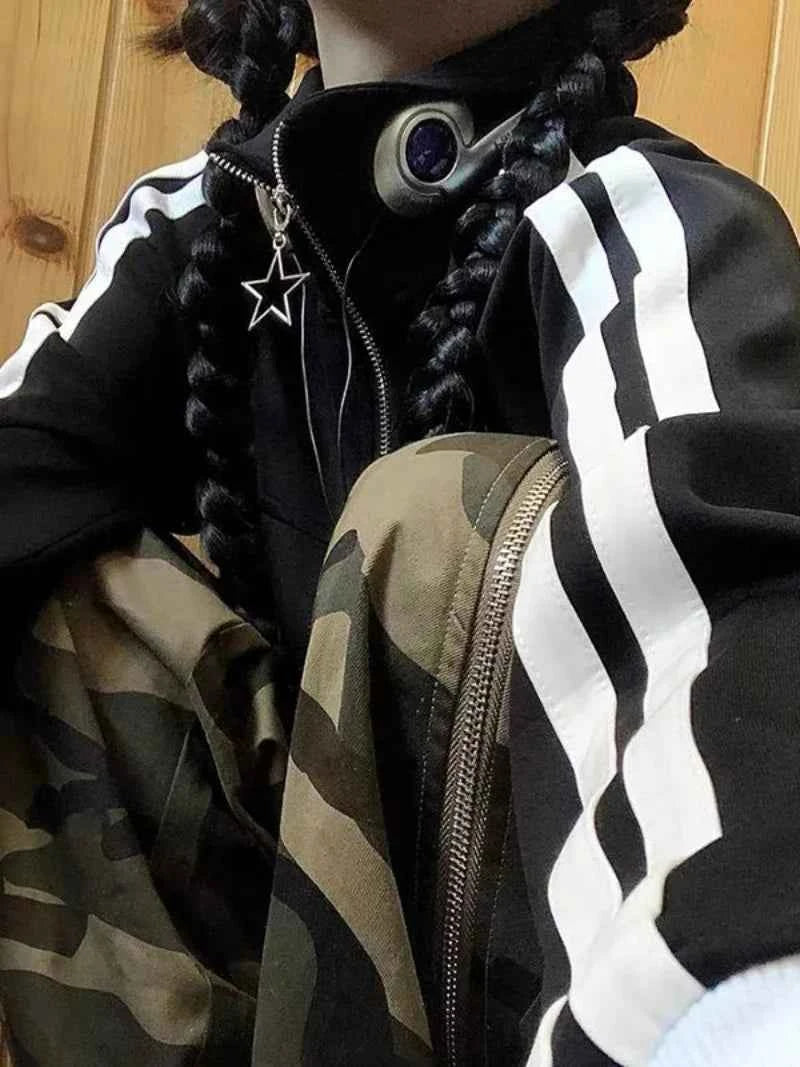 Vintage Korean Style Striped Zip-Up Crop Sweatshirt