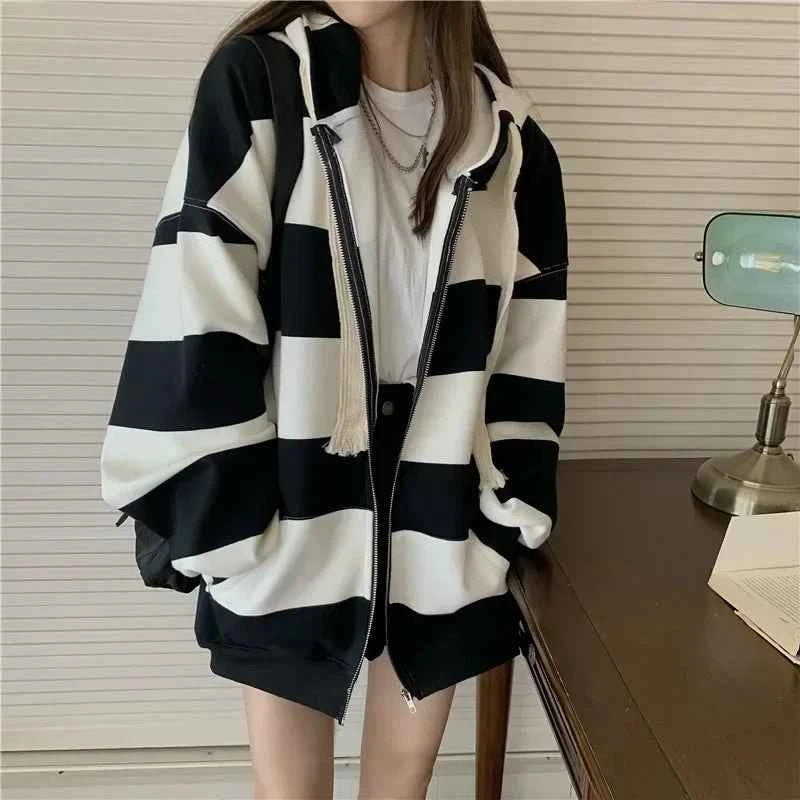 Stylish Korean Style Striped Loose Hooded Sweatshirt