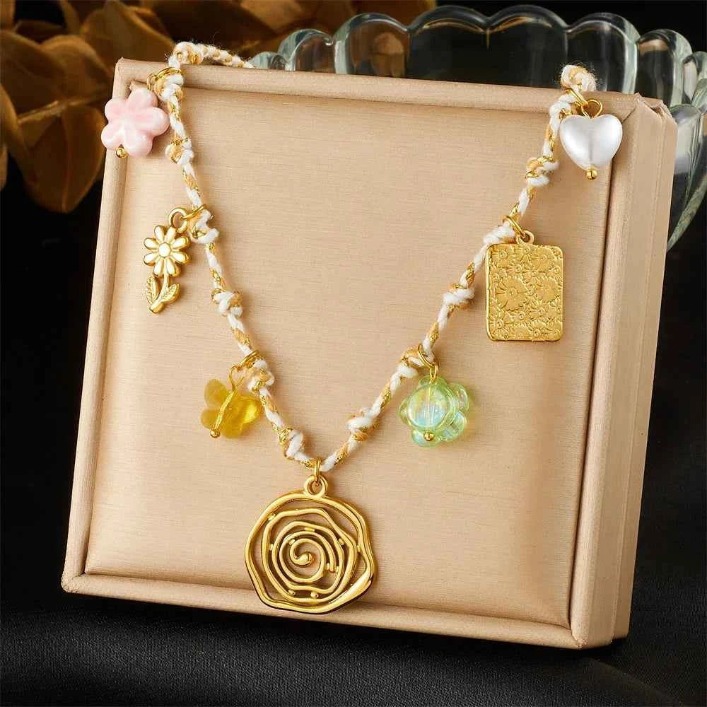 Golden Flower Crystal Pendant Necklace