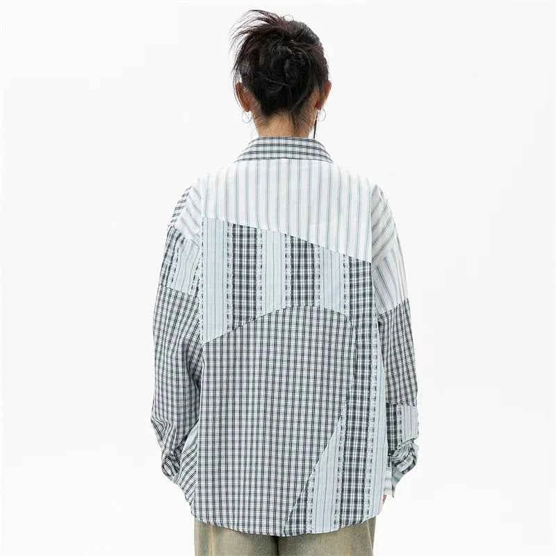 Women Plaid Patchwork Oversized Blouse Shirt