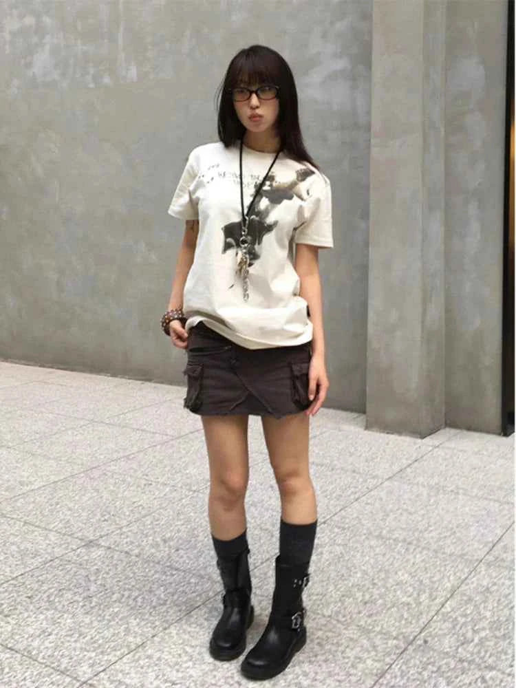 Women Retro Vintage Letter Print Slim Fit T-Shirt