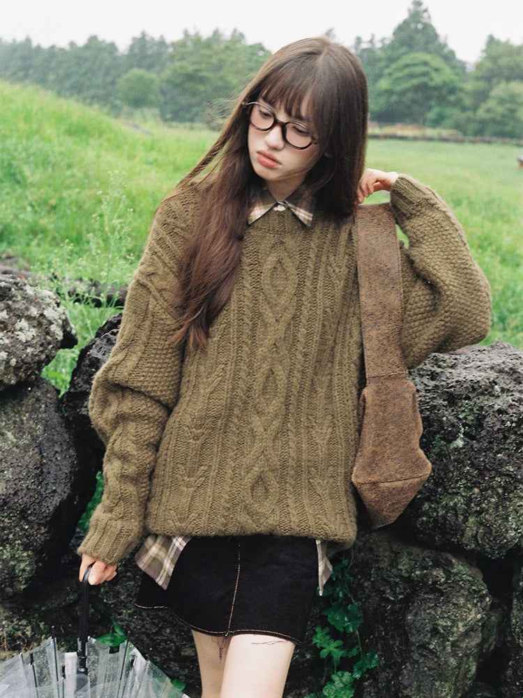 Women Vintage Green Knitwear Casual Sweater