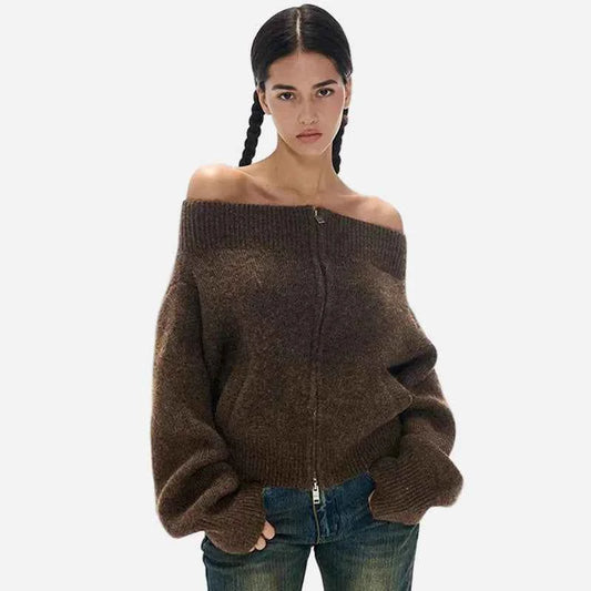 Soft Slash Neck Knitted Off Shoulder Cardigan