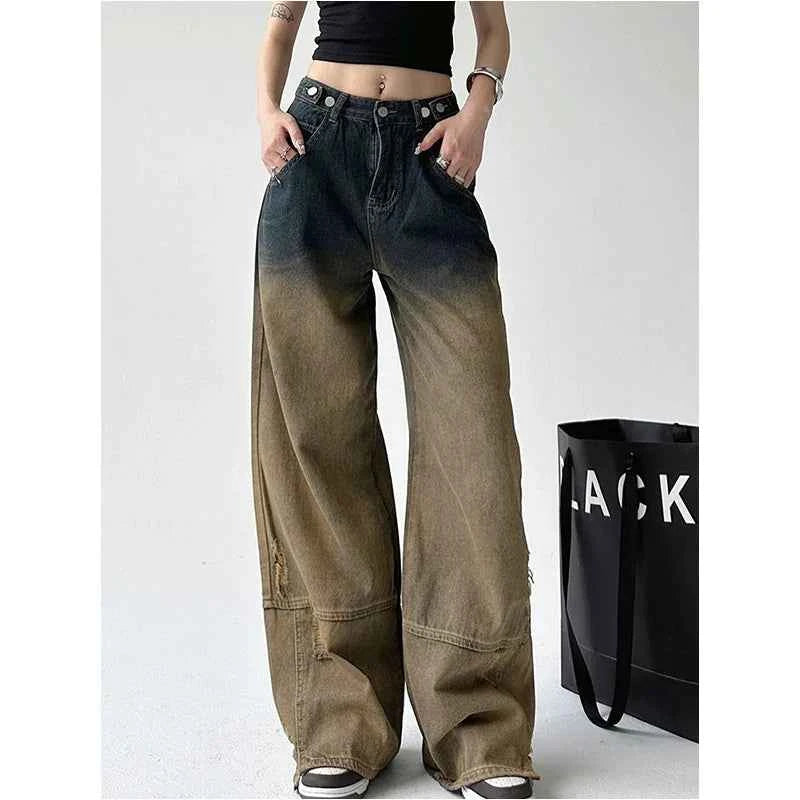 Women Rasty Gradient Color Loose High Waist Jeans
