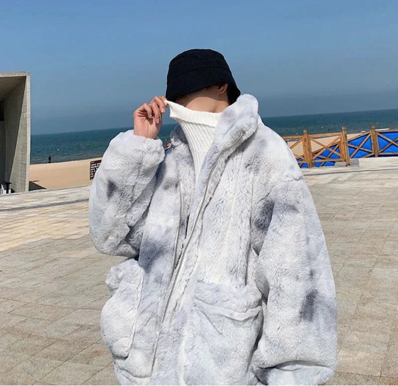 Warm Stand Collar Solid Wool Zipper Faux Fur Jacket - Luxuryurbanwear