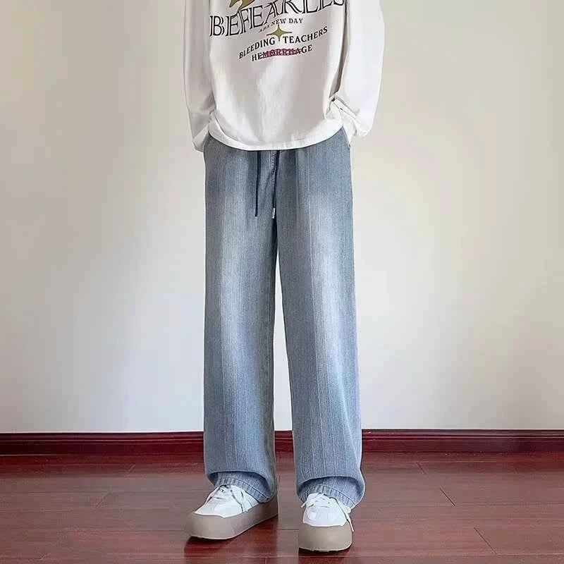 Vintage Distressed Blue Drawstring Straight Jeans