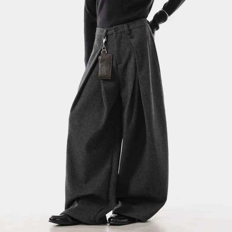 Classic Woolen Pleated Design Suit Wide Leg Pants