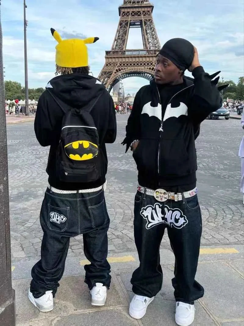 Y2K Oversized Embroidered Zip-Up Bat Man Hoodie