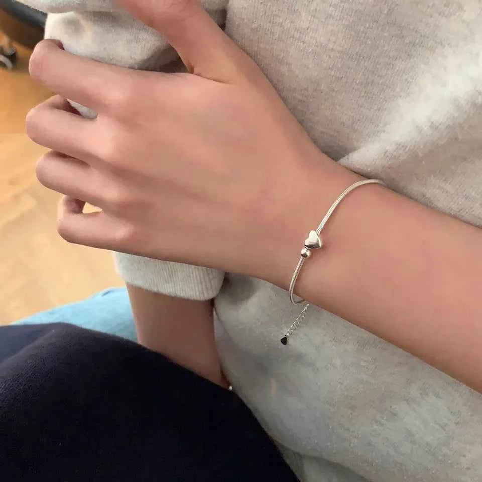 Women Cute Minimalist Sterling Silver Heart Bracelet