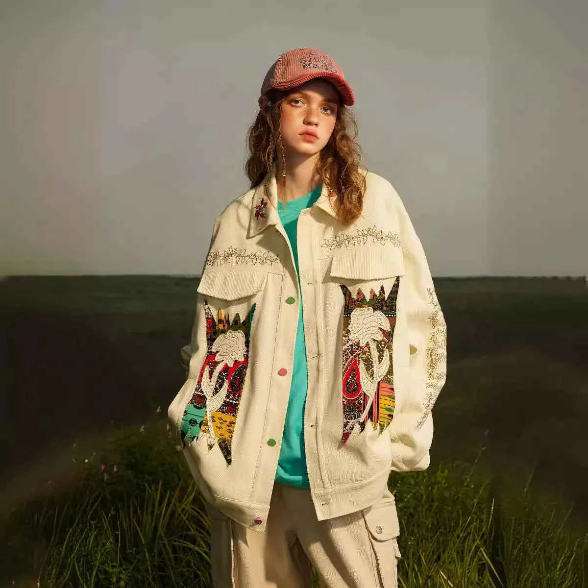National Floral Embroidery Patchwork Denim Jacket