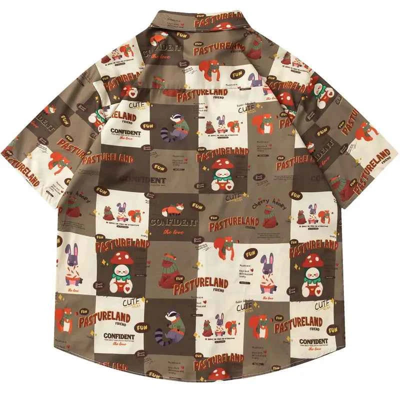 Vibrant Cartoon Graphic Button-Up Beach Shirt