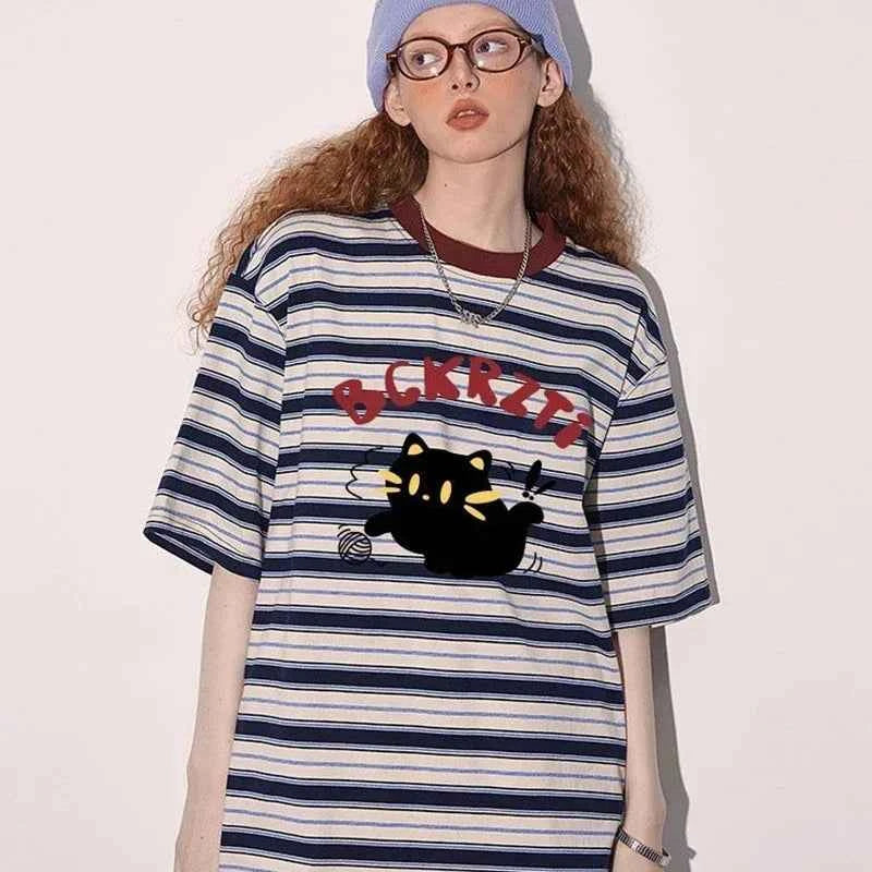Women Retro Hip Hop Stylish Black Cat Print Striped T-Shirt