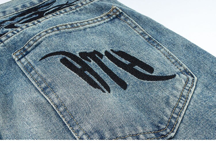 HTH Flame Embroidery Blue Denim Pants