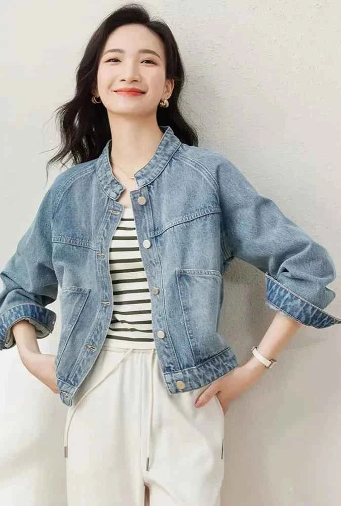 Stylish Stand Collar Denim Jacket Jeans