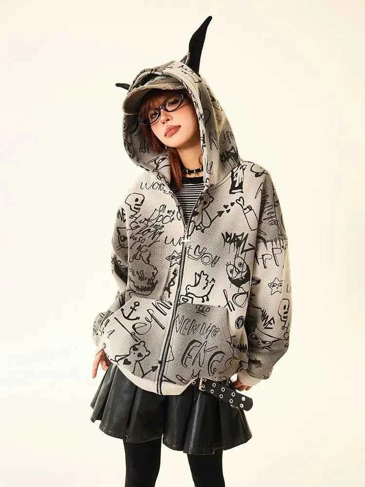 Women American Style Doberman Print Hooded Sweatshirt