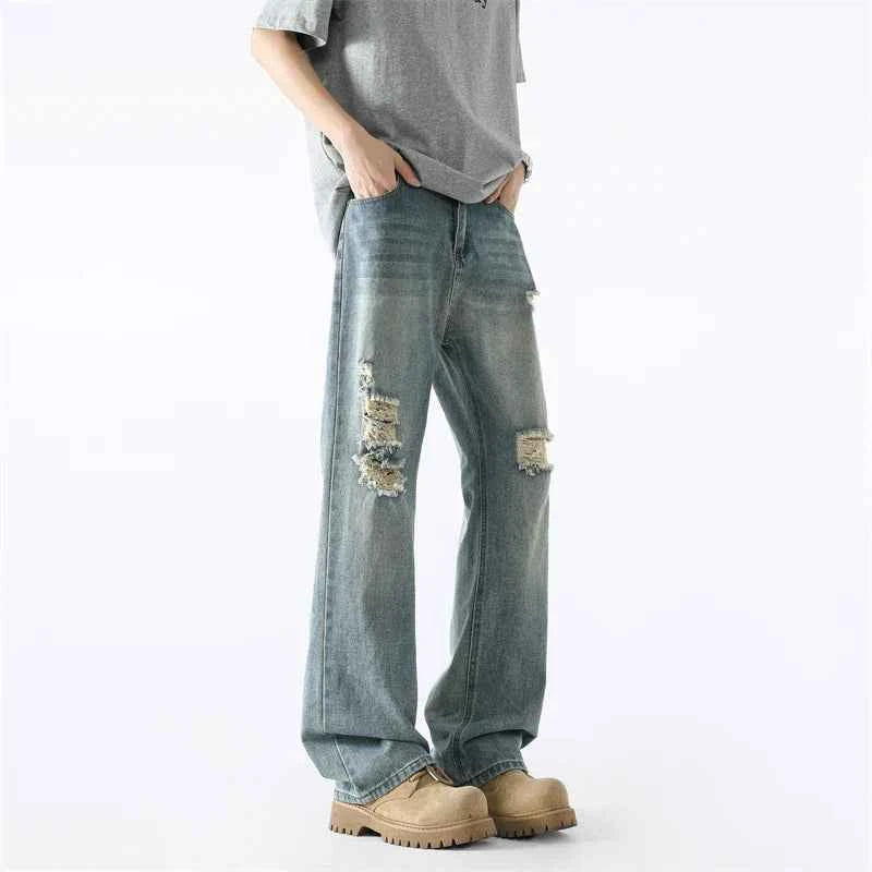 Vintage Streetwear Scratched Blue Ripped Jeans