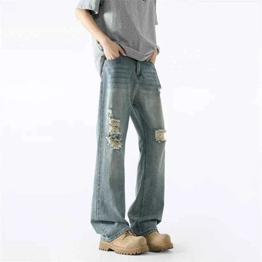 Vintage Streetwear Scratched Blue Ripped Jeans