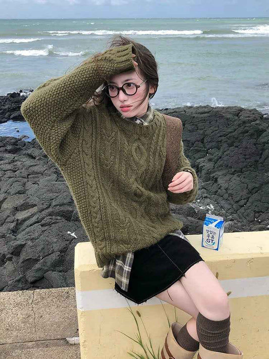 Women Vintage Green Knitwear Casual Sweater