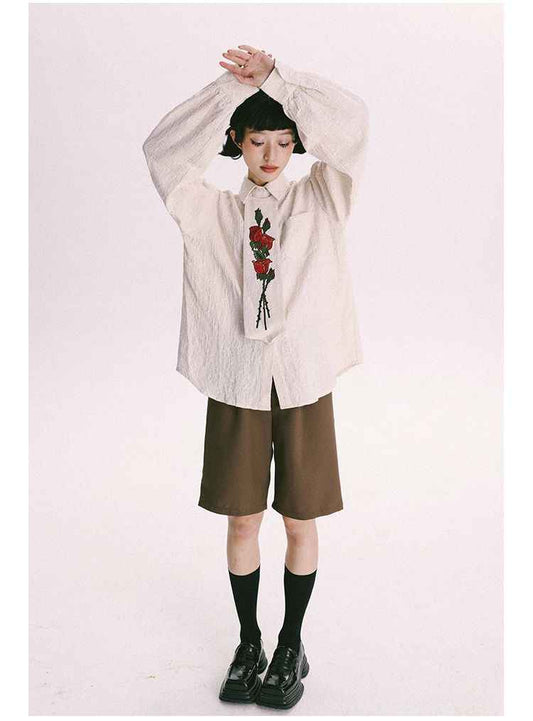 Chic Retro Floral Embroidery Long Shirt