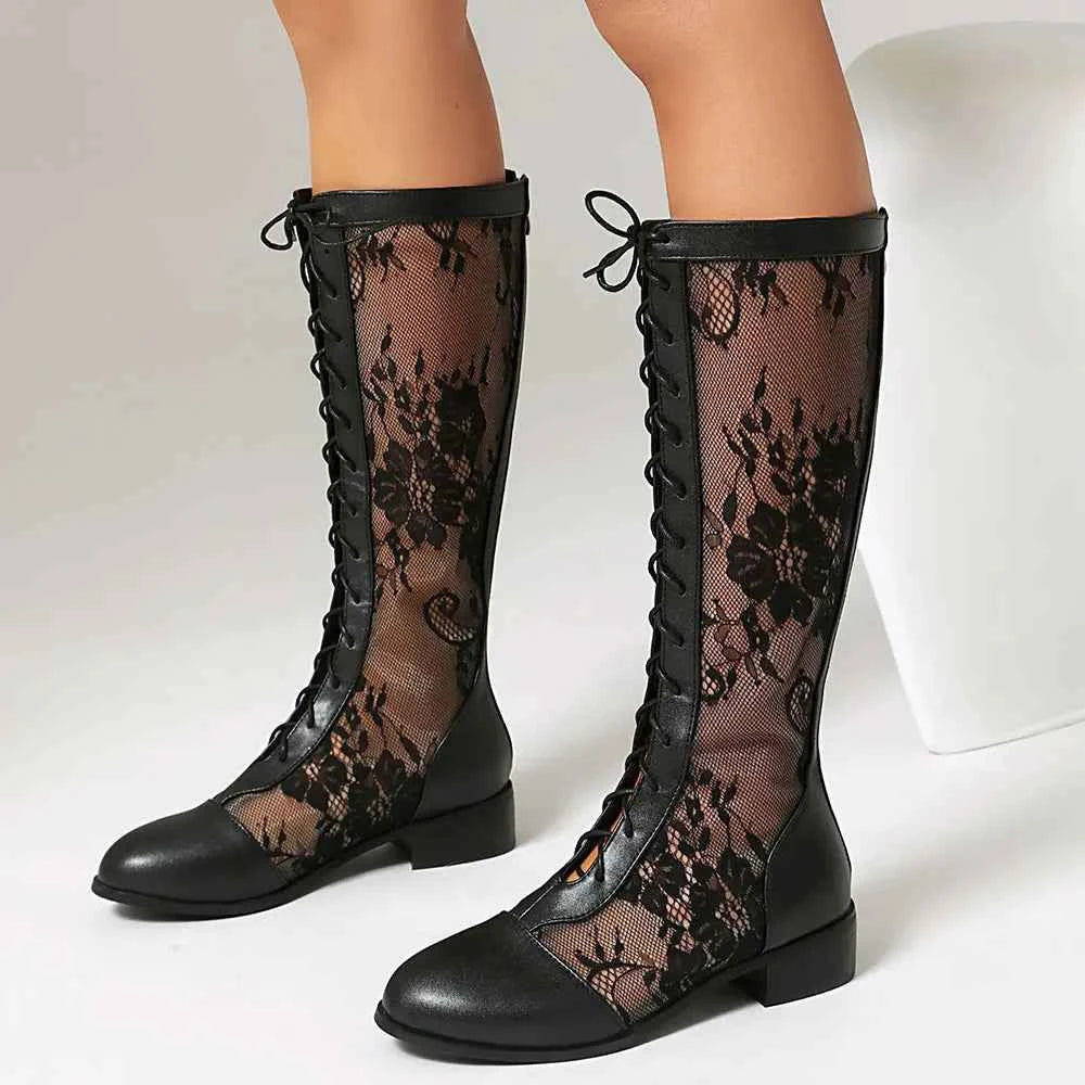 Elegant Lace-Up Sheer Floral Knee-High Boots