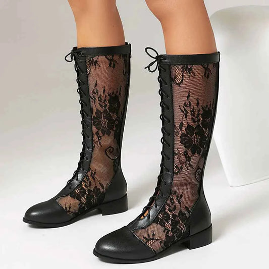 Elegant Lace-Up Sheer Floral Knee-High Boots