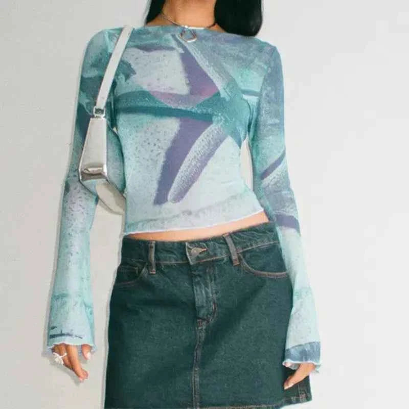 Women Blue Flare Sleeve Crop T-Shirt