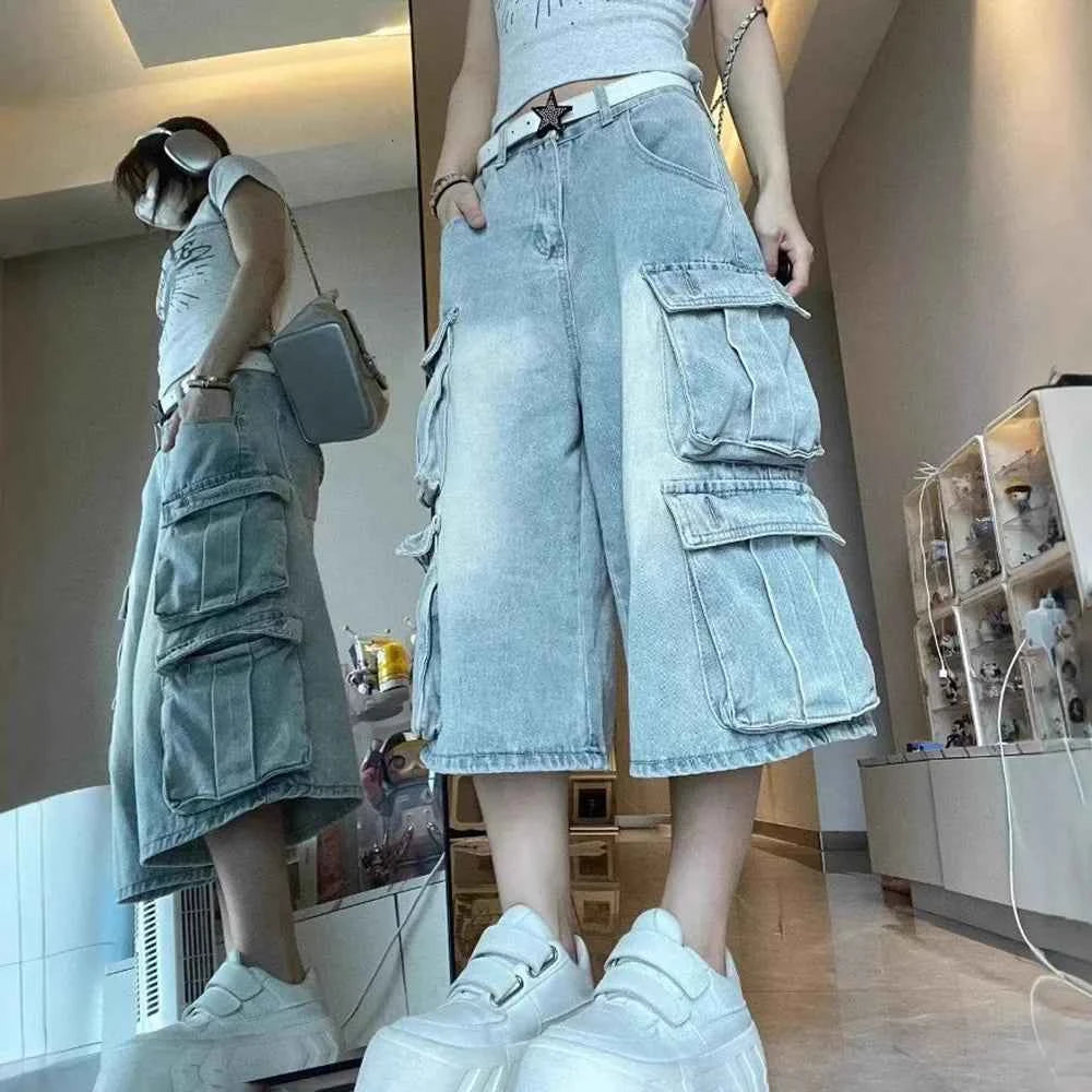 Streetwear Washed Denim Cargo Jorts