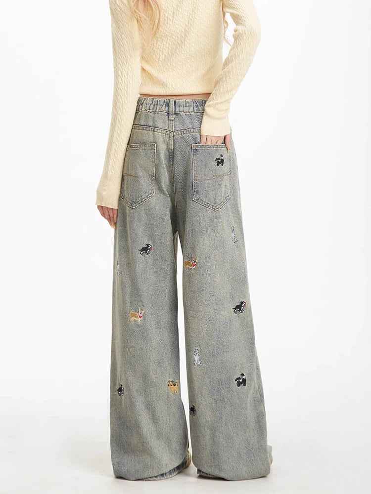 Cool Vintage American Puppy Embroidered Wide Jeans