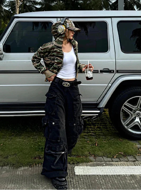 Versatile Multi Pockets Washed Denim High Waist Jeans - Luxuryurbanwear