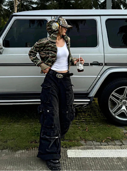 Versatile Multi Pockets Washed Denim High Waist Jeans - Luxuryurbanwear