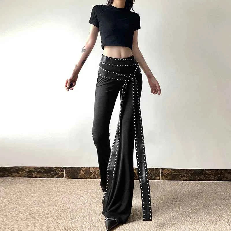 Women Solid High Waist Flare Leather Pants