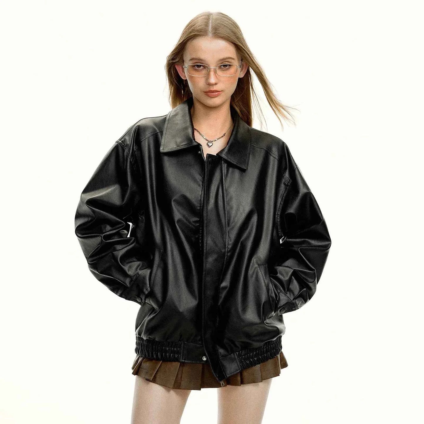 Women Cool High End Solid Color Leather Jacket