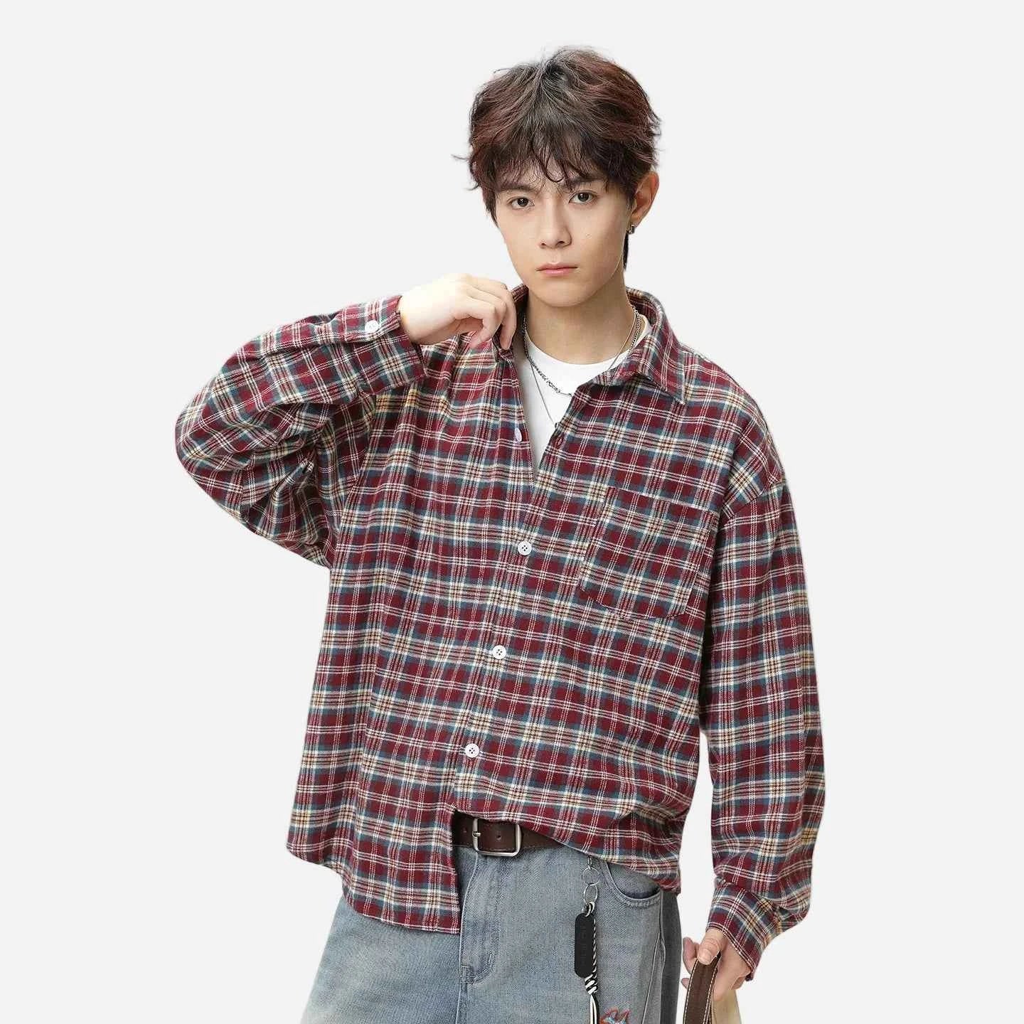 Retro Y2K Plaid Color Block Long Sleeve Shirt