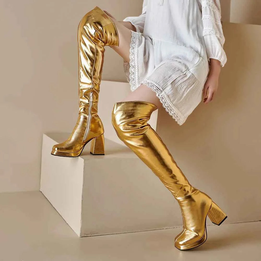 Winter Block High Heels Metallic Zipper Boots
