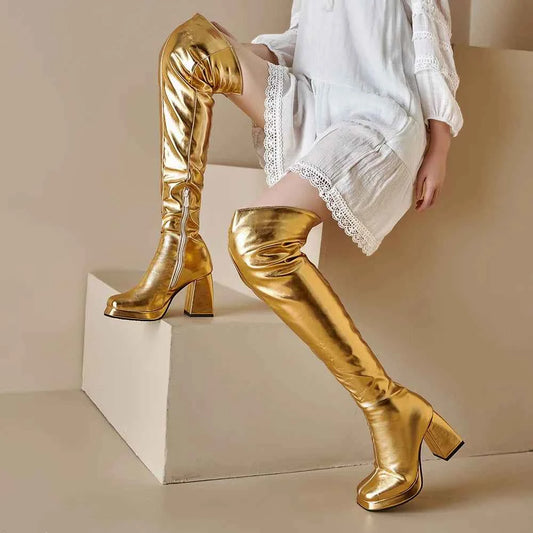 Winter Block High Heels Metallic Zipper Boots