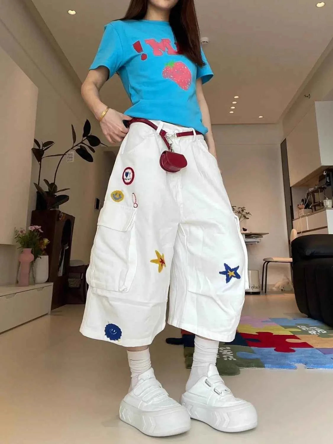 White Embroidered Wide Leg Cool Jorts