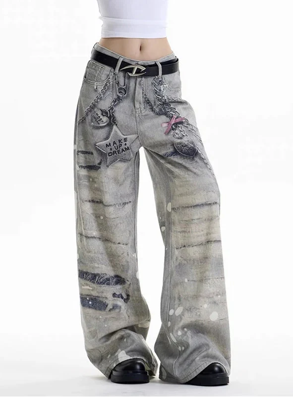 Essential Streetwear Gothic Graffiti Print Boyfriend Jeans - Luxuryurbanwear