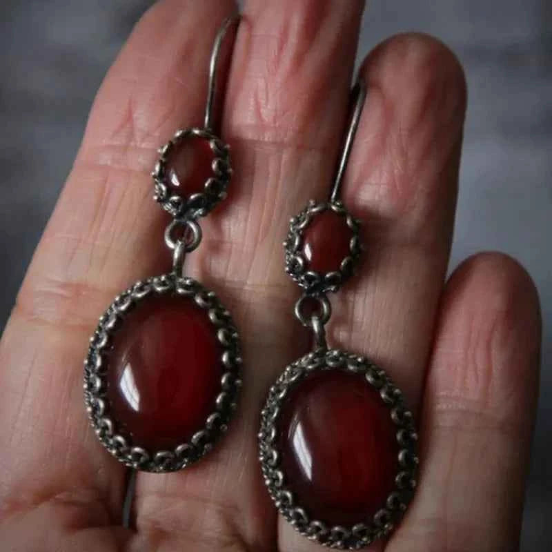 Red Zircon Inlaid Oval Drop Earring